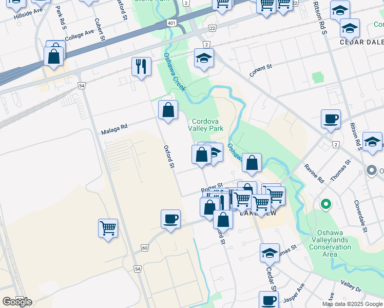 map of restaurants, bars, coffee shops, grocery stores, and more near 900 Glen Street in Oshawa