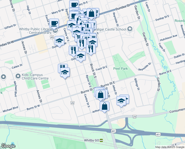 map of restaurants, bars, coffee shops, grocery stores, and more near 703 Brock Street South in Whitby