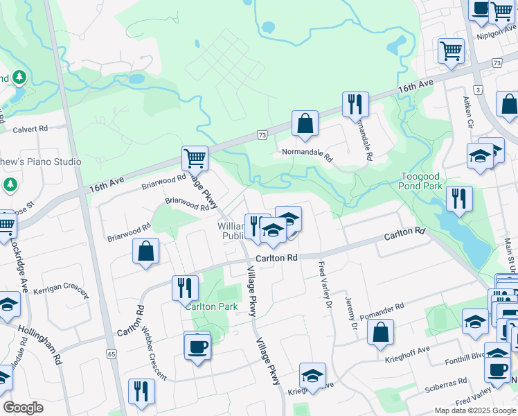 map of restaurants, bars, coffee shops, grocery stores, and more near 72 Millstone Court in Markham