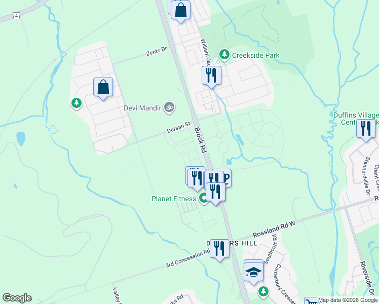 map of restaurants, bars, coffee shops, grocery stores, and more near 2250 Castlegate Crossing in Pickering