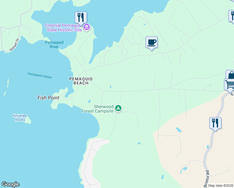 map of restaurants, bars, coffee shops, grocery stores, and more near 7 Pemaquid Trail in Bristol