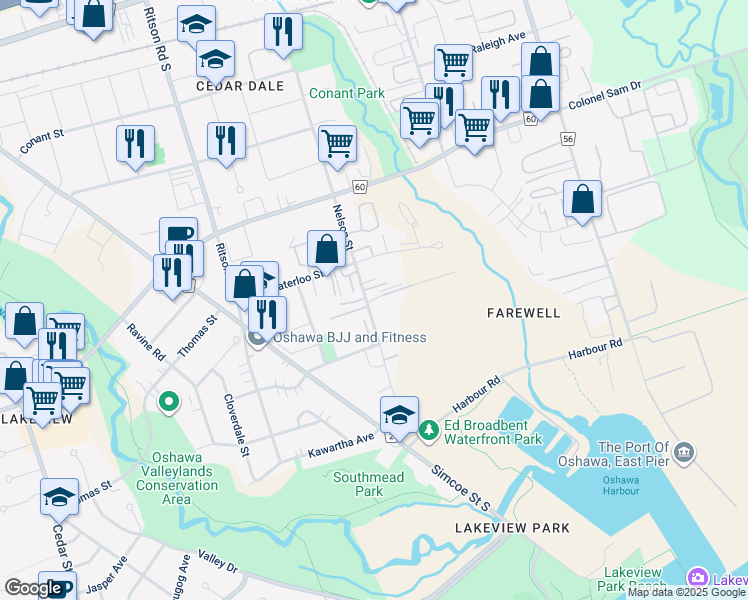 map of restaurants, bars, coffee shops, grocery stores, and more near 1089 Nelson Street in Oshawa