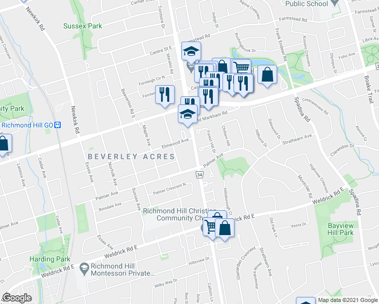 map of restaurants, bars, coffee shops, grocery stores, and more near 9890 Bayview Avenue in Richmond Hill