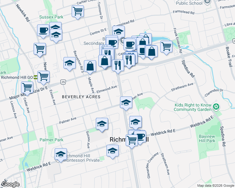 map of restaurants, bars, coffee shops, grocery stores, and more near 9890 Bayview Avenue in Richmond Hill
