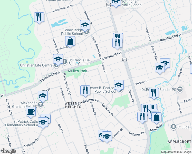 map of restaurants, bars, coffee shops, grocery stores, and more near 65 Dakin Drive in Ajax