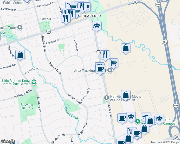 map of restaurants, bars, coffee shops, grocery stores, and more near 20 Greenhill Avenue in Richmond Hill