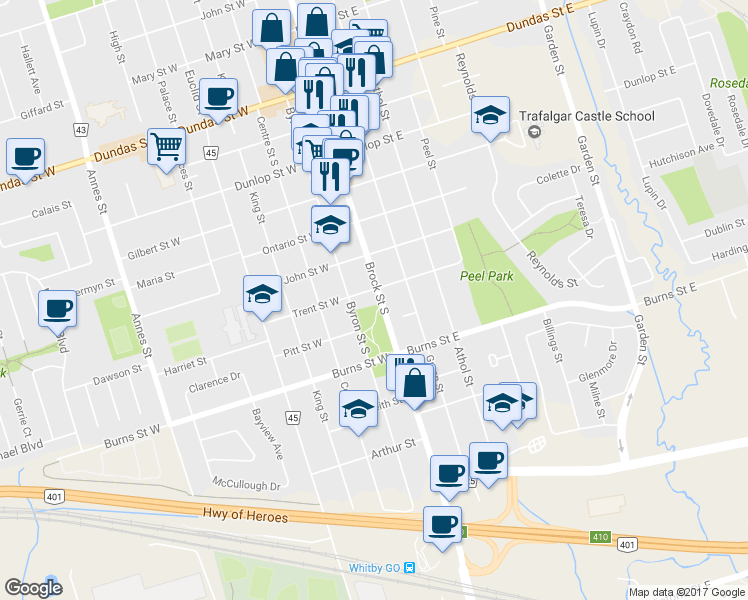 map of restaurants, bars, coffee shops, grocery stores, and more near 703 Brock Street South in Whitby