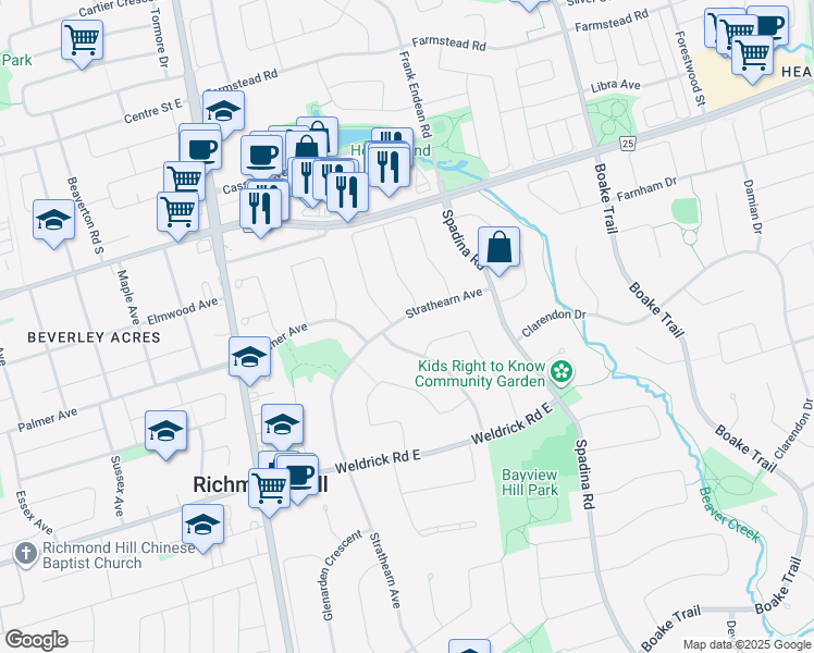 map of restaurants, bars, coffee shops, grocery stores, and more near 215 Strathearn Avenue in Richmond Hill