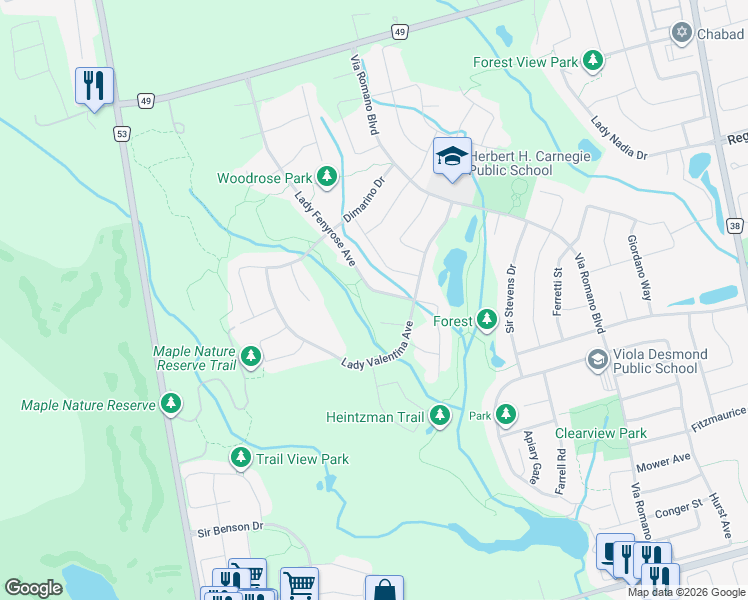 map of restaurants, bars, coffee shops, grocery stores, and more near 38 Lady Fenyrose Avenue in Vaughan