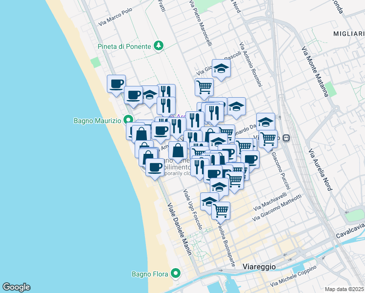 map of restaurants, bars, coffee shops, grocery stores, and more near 178 Via IV Novembre in Viareggio