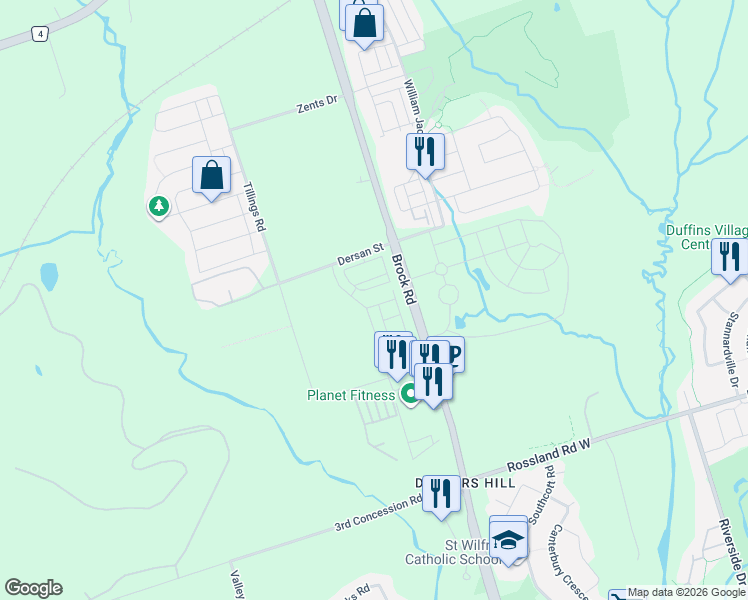 map of restaurants, bars, coffee shops, grocery stores, and more near 2508 Castlegate Crossing in Pickering