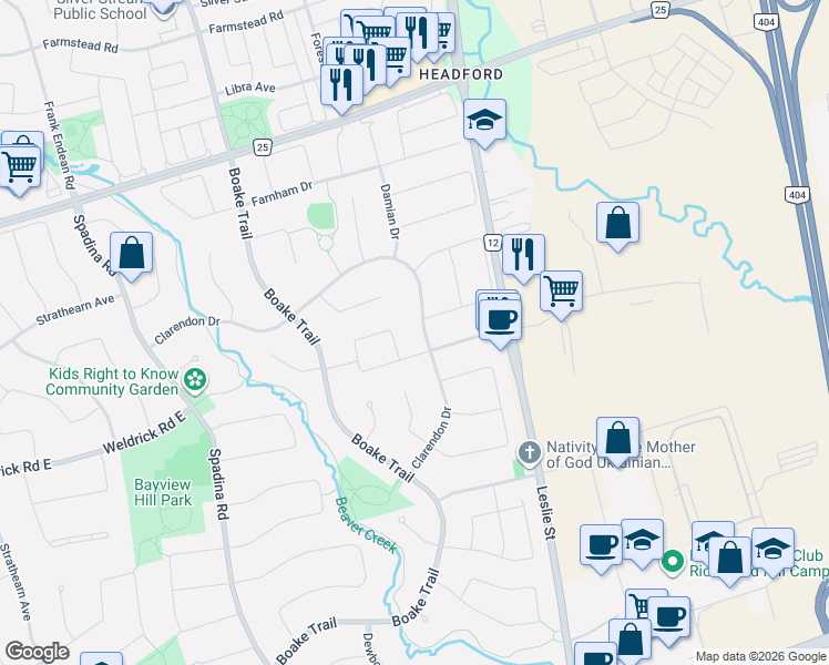 map of restaurants, bars, coffee shops, grocery stores, and more near 101 Clarendon Drive in Richmond Hill