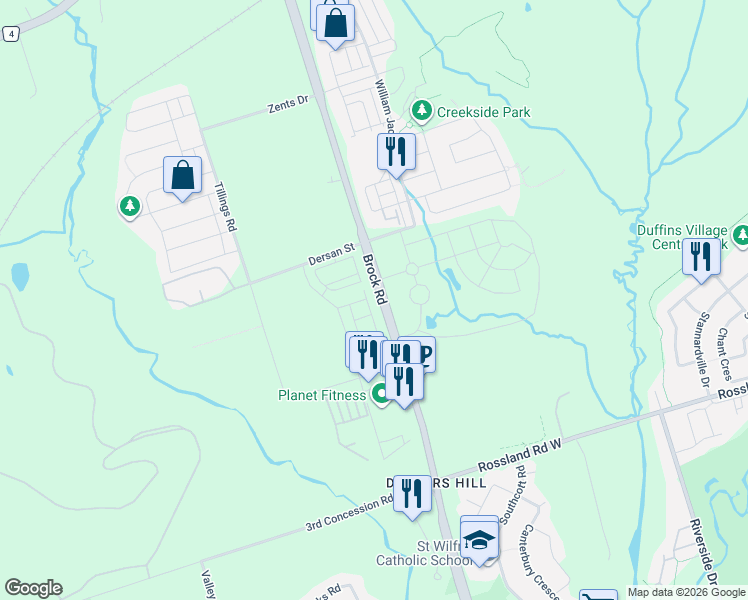 map of restaurants, bars, coffee shops, grocery stores, and more near 2550 Castlegate Crossing in Pickering