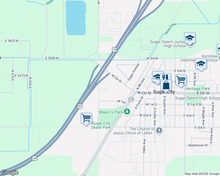map of restaurants, bars, coffee shops, grocery stores, and more near 400 Dalling Drive in Sugar City