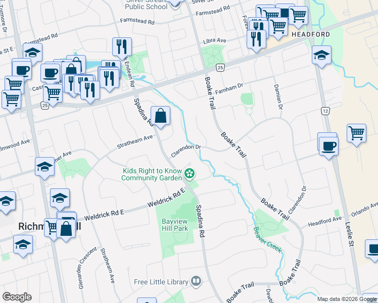 map of restaurants, bars, coffee shops, grocery stores, and more near in Richmond Hill