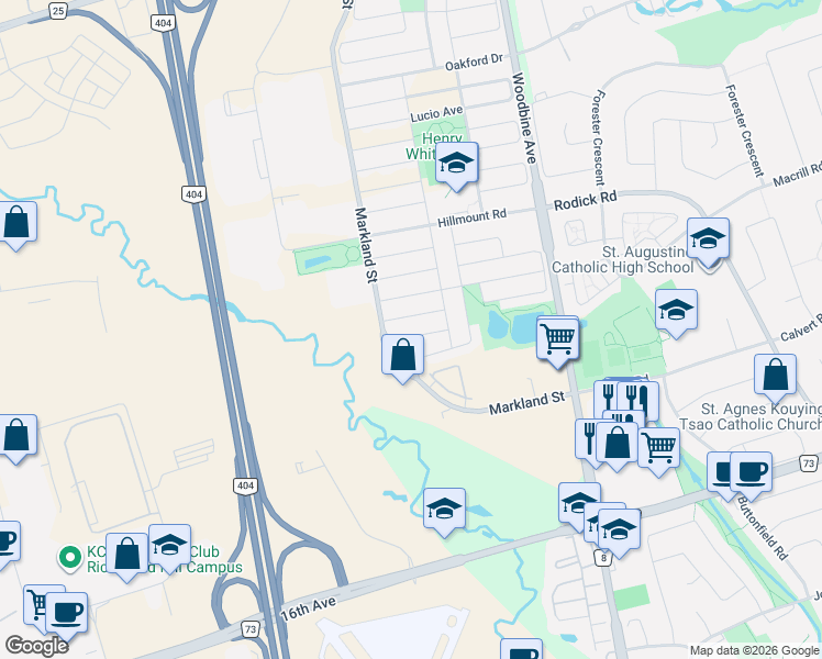 map of restaurants, bars, coffee shops, grocery stores, and more near 121 Hopecrest Road in Markham