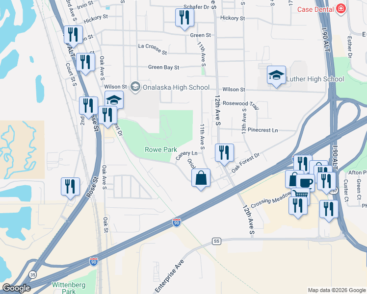 map of restaurants, bars, coffee shops, grocery stores, and more near 1025 Canary Lane in Onalaska