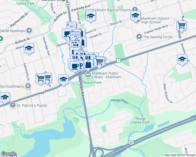 map of restaurants, bars, coffee shops, grocery stores, and more near 9 Reeve Drive in Markham
