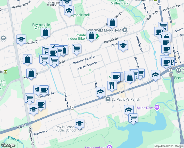 map of restaurants, bars, coffee shops, grocery stores, and more near 44 Robinson Street in Markham
