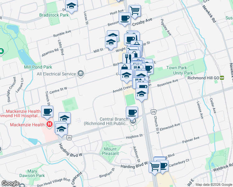 map of restaurants, bars, coffee shops, grocery stores, and more near 70 Arnold Crescent in Richmond Hill