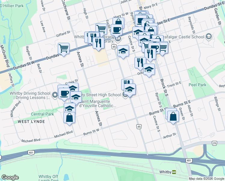 map of restaurants, bars, coffee shops, grocery stores, and more near Newman Crescent in Whitby