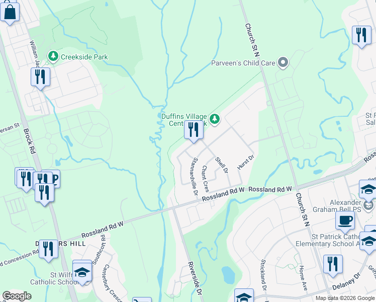 map of restaurants, bars, coffee shops, grocery stores, and more near 1 Stott Avenue in Ajax