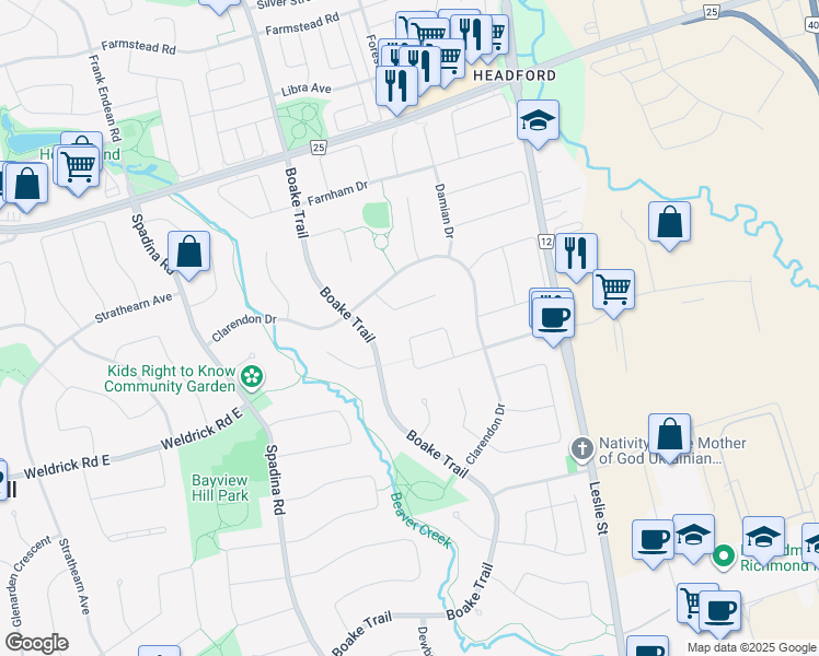 map of restaurants, bars, coffee shops, grocery stores, and more near 43 Henricks Crescent in Richmond Hill