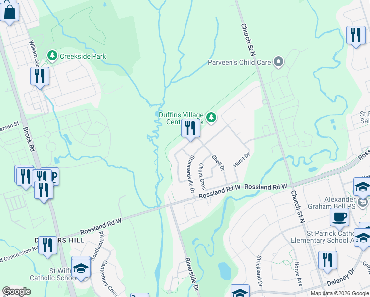 map of restaurants, bars, coffee shops, grocery stores, and more near 1 Stott Avenue in Ajax