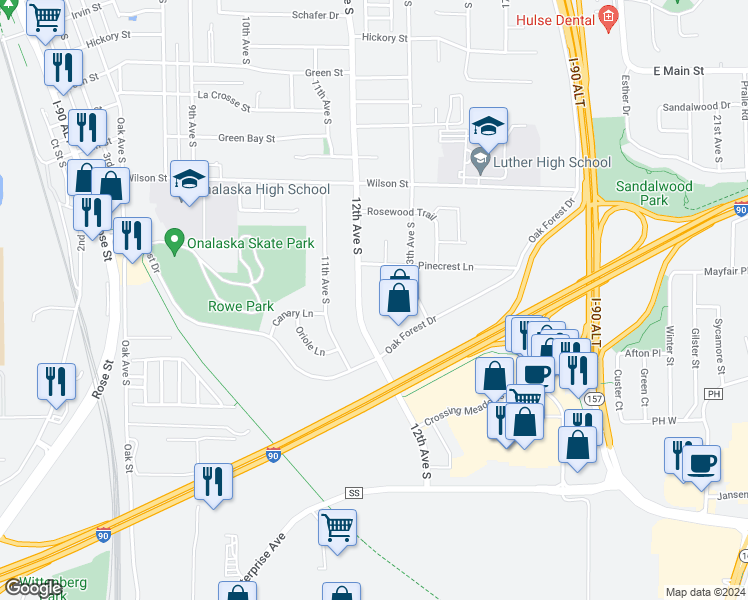 map of restaurants, bars, coffee shops, grocery stores, and more near 913 12th Avenue South in Onalaska