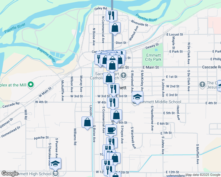 map of restaurants, bars, coffee shops, grocery stores, and more near 107 West 2nd Street in Emmett