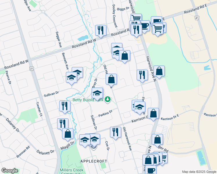 map of restaurants, bars, coffee shops, grocery stores, and more near 13 Willcocks Crescent in Ajax