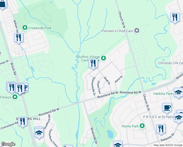 map of restaurants, bars, coffee shops, grocery stores, and more near 47 Stockell Crescent in Ajax