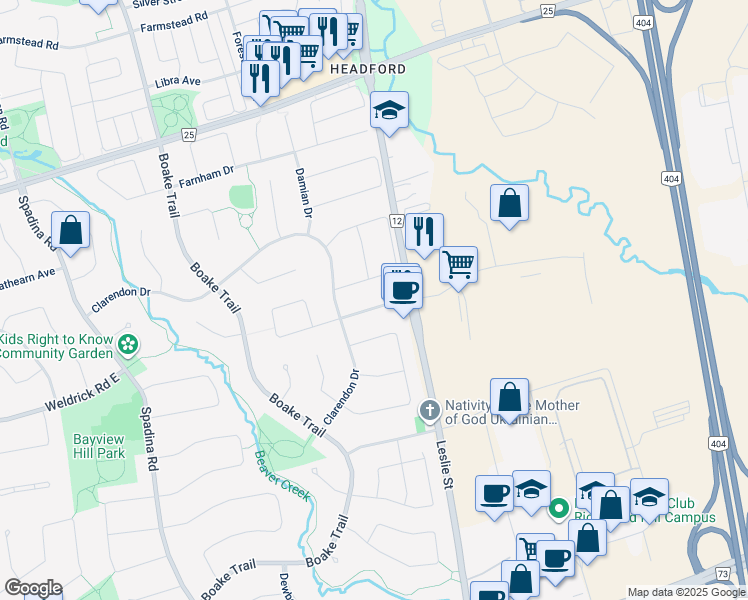 map of restaurants, bars, coffee shops, grocery stores, and more near 7 Kingmount Crescent in Richmond Hill