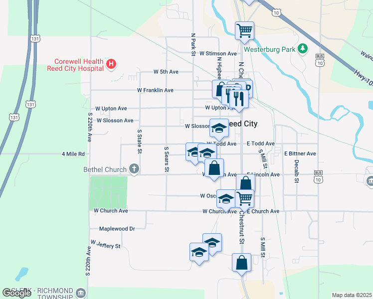 map of restaurants, bars, coffee shops, grocery stores, and more near 321 West Todd Avenue in Reed City