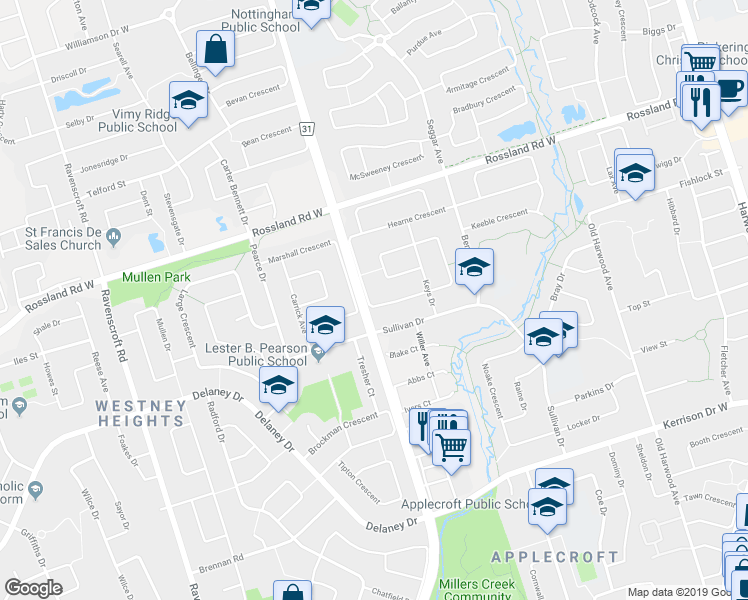 map of restaurants, bars, coffee shops, grocery stores, and more near 32 Hearne Crescent in Ajax