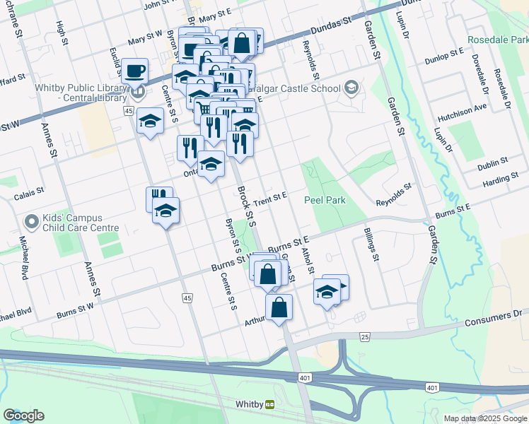 map of restaurants, bars, coffee shops, grocery stores, and more near 708 Green Street in Whitby
