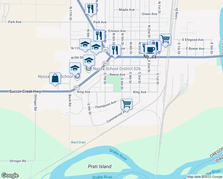 map of restaurants, bars, coffee shops, grocery stores, and more near 602 King Avenue in Nyssa