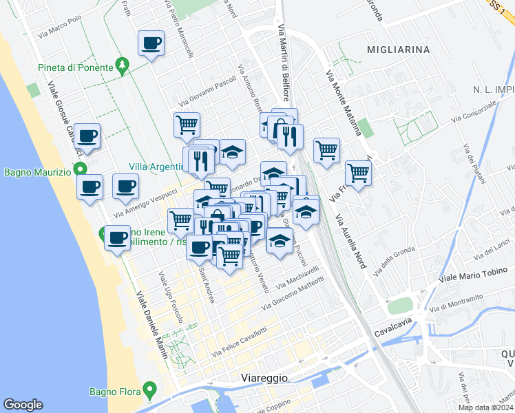 map of restaurants, bars, coffee shops, grocery stores, and more near 165 Via XX Settembre in Viareggio