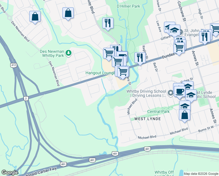 map of restaurants, bars, coffee shops, grocery stores, and more near 200 White Oaks Court in Whitby