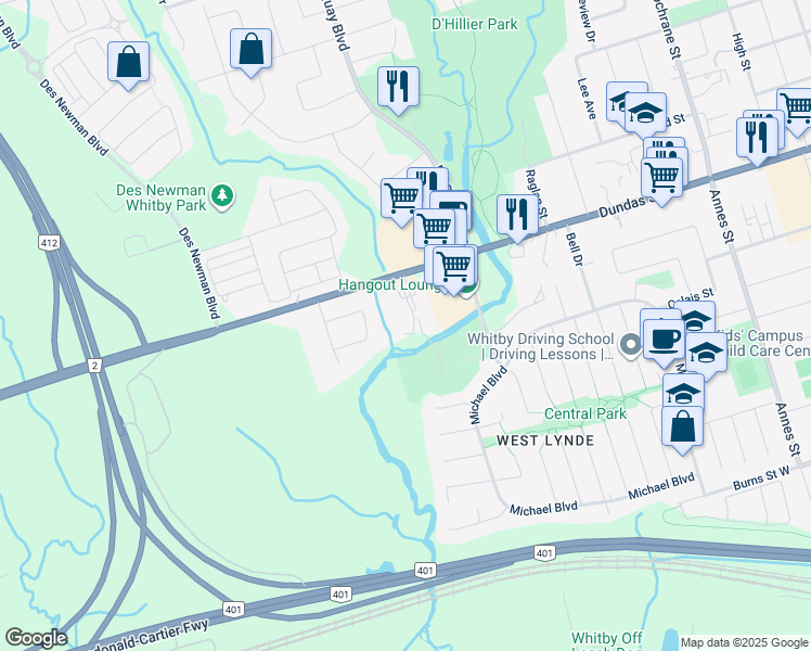 map of restaurants, bars, coffee shops, grocery stores, and more near 200 White Oaks Court in Whitby