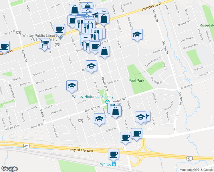 map of restaurants, bars, coffee shops, grocery stores, and more near 703 Brock Street South in Whitby
