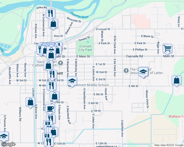 map of restaurants, bars, coffee shops, grocery stores, and more near 315 South Johns Avenue in Emmett