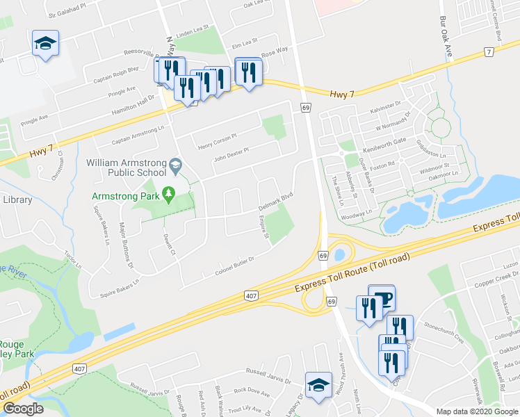 map of restaurants, bars, coffee shops, grocery stores, and more near Delmark Boulevard in Markham