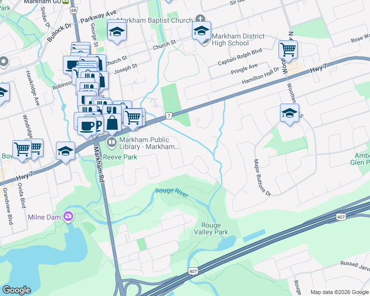 map of restaurants, bars, coffee shops, grocery stores, and more near 34 Rougecrest Drive in Markham