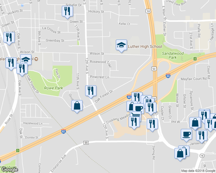 map of restaurants, bars, coffee shops, grocery stores, and more near 925 13th Avenue South in Onalaska