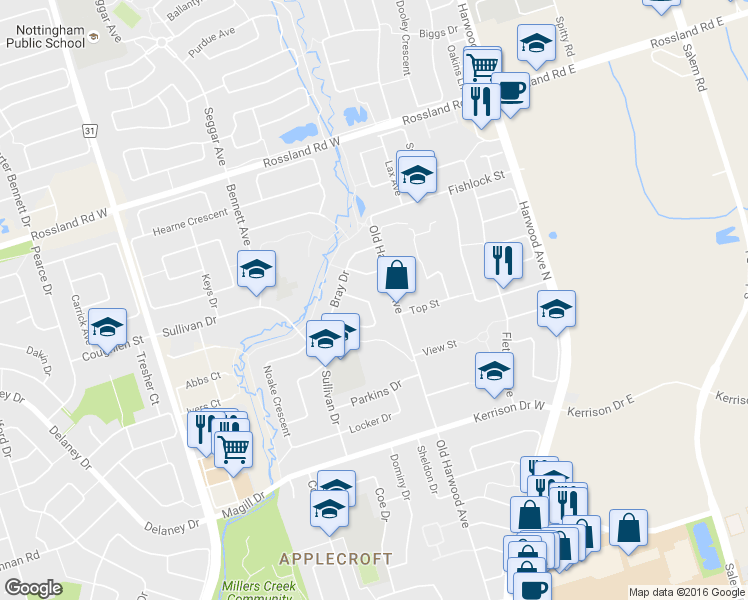 map of restaurants, bars, coffee shops, grocery stores, and more near 13 Willcocks Crescent in Ajax
