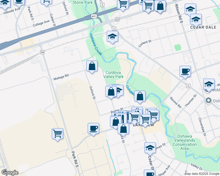 map of restaurants, bars, coffee shops, grocery stores, and more near 899 Glen Street in Oshawa