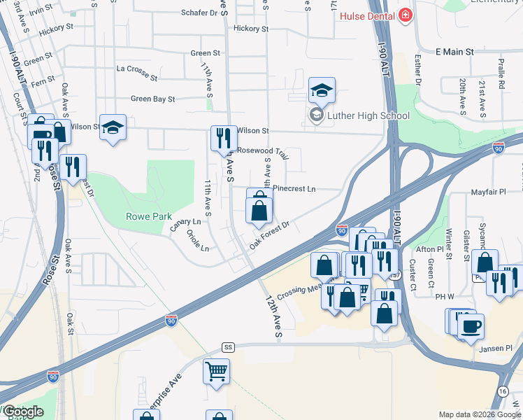 map of restaurants, bars, coffee shops, grocery stores, and more near 916 13th Avenue South in Onalaska