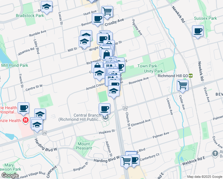 map of restaurants, bars, coffee shops, grocery stores, and more near 10100 Yonge Street in Richmond Hill