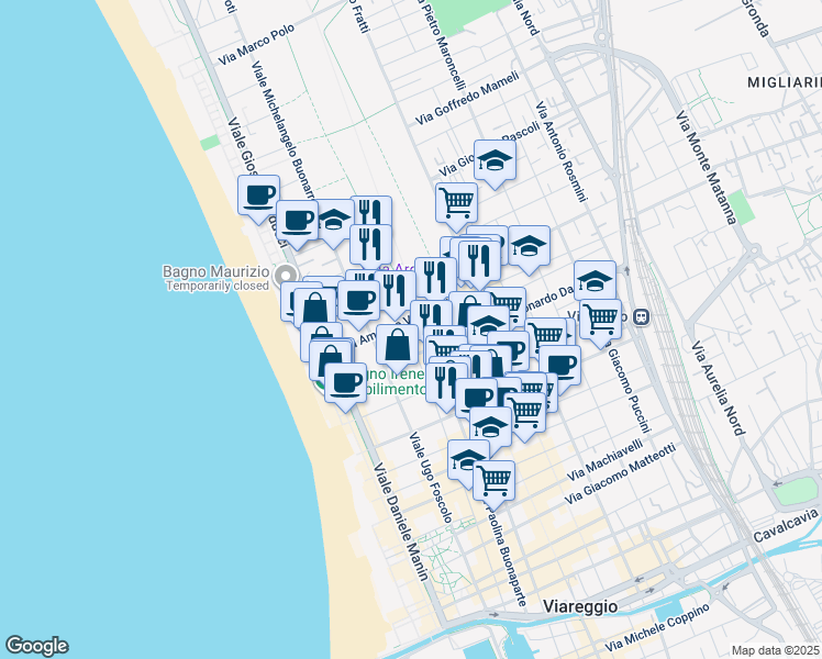 map of restaurants, bars, coffee shops, grocery stores, and more near 178 Via IV Novembre in Viareggio